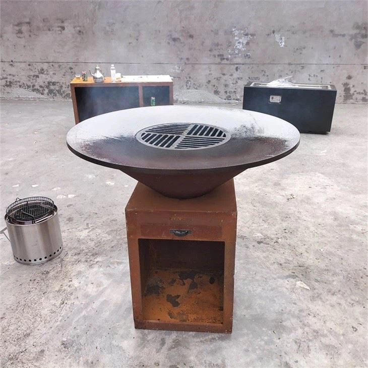 Outdoor Corten Steel Fire Pit BBQ With Wood Storage